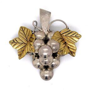 VTG Taxco Mexico Sterling Silver & Brass Grapes & Leaves Brooch Pendant!